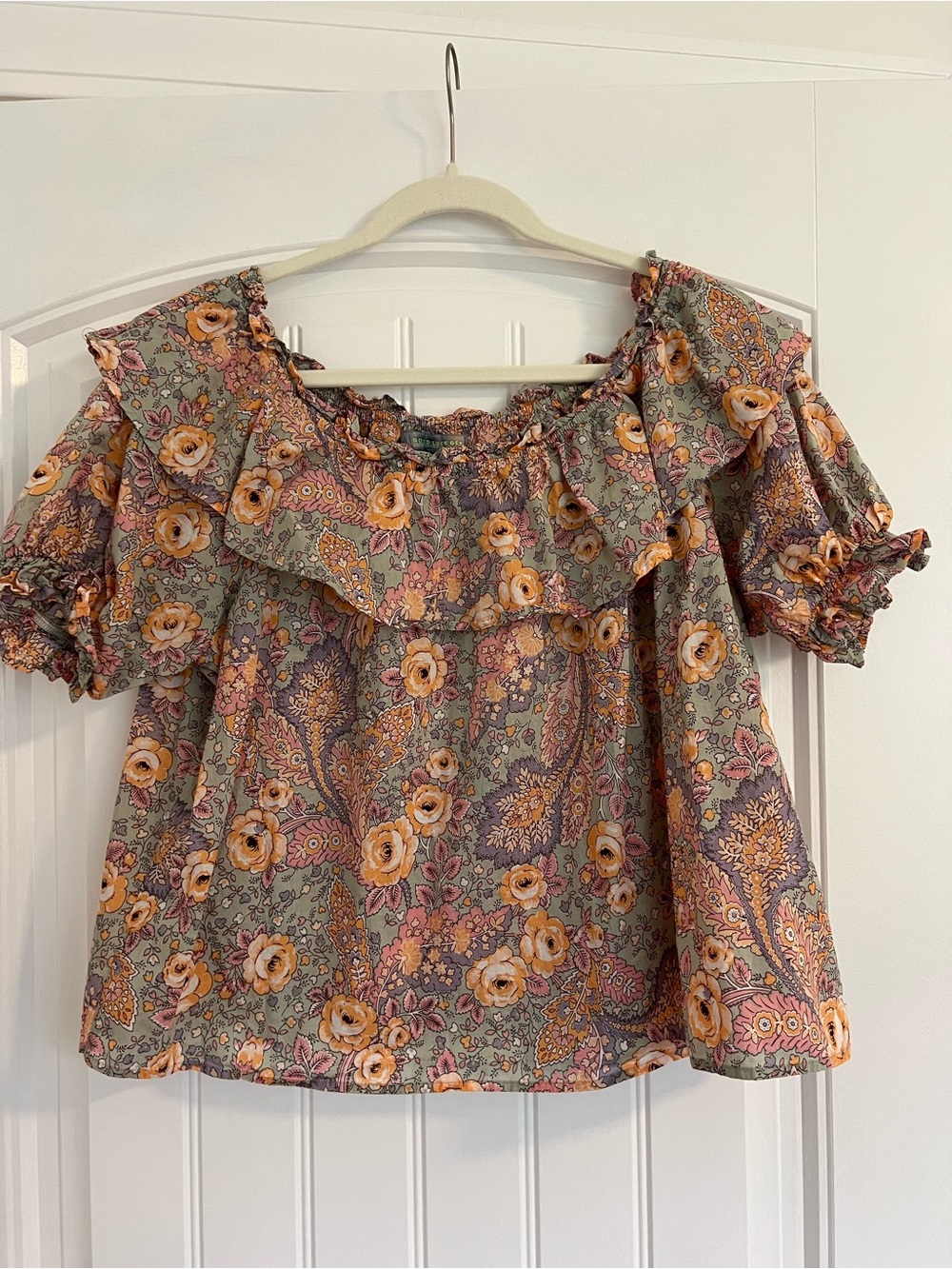 Good Luck Gem Floral Off-Shoulder Ruffle Blouse - Sage, Peach and Purple Boho